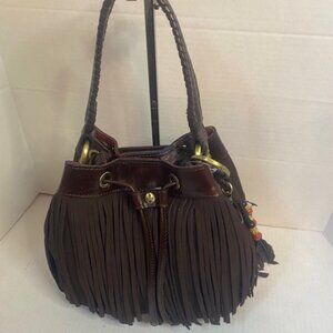 Patricia Nash Elisa Brown Leather Bucket Bag w/fringes
